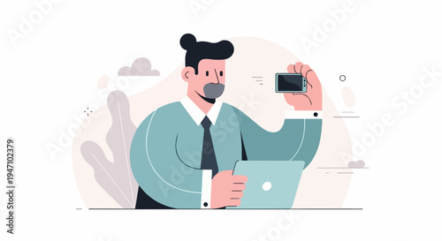 Animated man in suit takes photo with camera while working on laptop