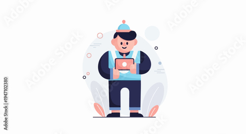 A smiling person in a hat holds a tablet with a white circle