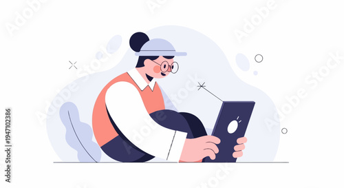 Animated person in flat style sitting and using a tablet device