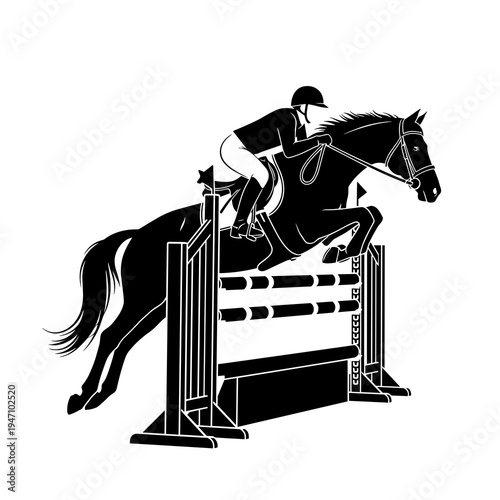 Equestrian athlete on horse jumping over hurdle hurdle