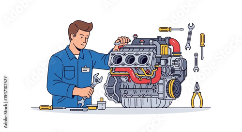 Mechanic Working on Car Engine.