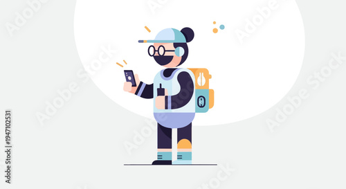 Stylized delivery person with backpack and smartphone, in a digital art style