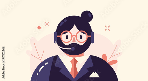 Stylized illustration of a person in a suit with a headset and glasses