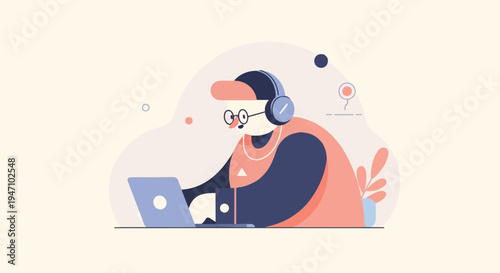 Stylized character with headphones works on laptop with minimalist background