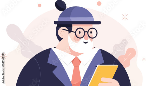 Stylized older gentleman with beard, glasses, and hat holds a tablet