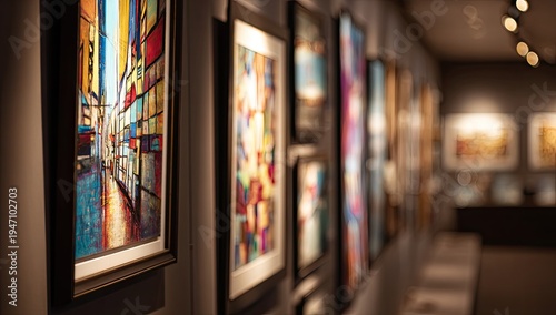 Vibrant Art Gallery Exhibition Showcasing Colorful Abstract Paintings on Display.