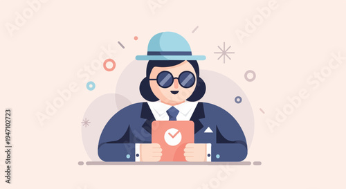 Stylized figure in hat, sunglasses, and suit holds checklist