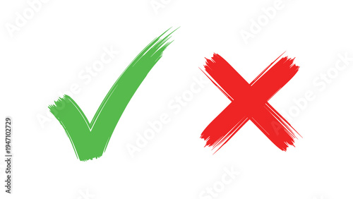 Large green check mark and red cross mark symbols in a rough brush stroke style isolated on a clean white background for choice.