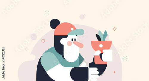 Stylized flat illustration of a man in a cap holding a potted plant