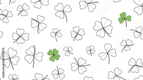 Seamless pattern of white three leaf clover outlines on a white background featuring two isolated green clovers for a hidden luck theme.