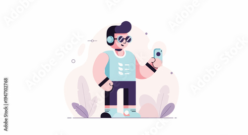 A person with headphones and sunglasses takes a selfie with a phone