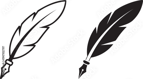 Quill feather pen silhouette & outline set isolated on transparent background
