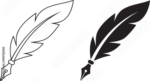 Quill feather pen silhouette & outline set isolated on transparent background