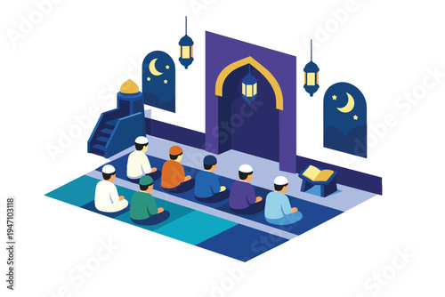 Muslims praying in a mosque during Ramadan.