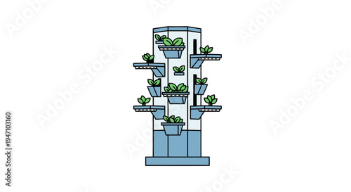 An illustration of a vertical garden with multiple plants in pots on a freestanding shelving unit.