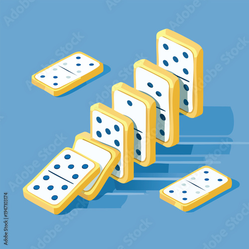 Dominoes falling in isometric view against a blue background
