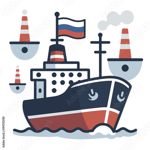 Flat illustration of a Russian oil tanker ship sailing at sea