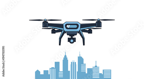 A drone flies over a city skyline with skyscrapers and buildings.