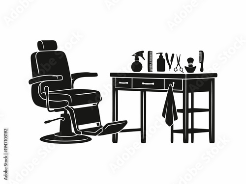 Professional Barber Shop Interior Silhouette with Chair and Grooming Tools