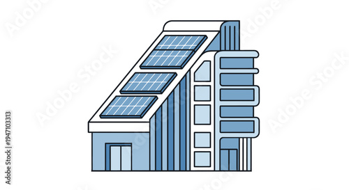 The illustration shows a modern building with solar panels on its roof in a city.