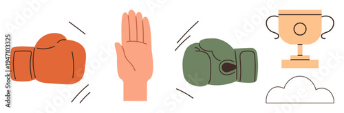 Sportsmanship, competition, teamwork, victory, conflict resolution, perseverance. Orange and green boxing gloves, hand in stop gesture trophy and cloud illustration. Sportsmanship and competition