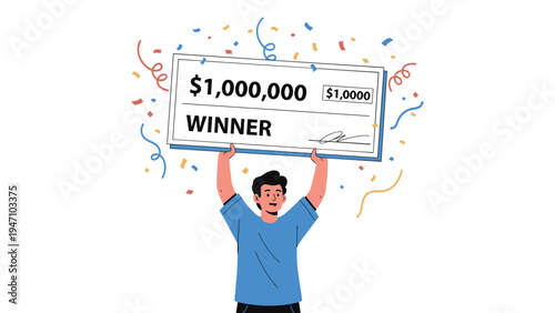 Excited young man holding up a giant winning check for one million dollars surrounded by colorful celebratory confetti.