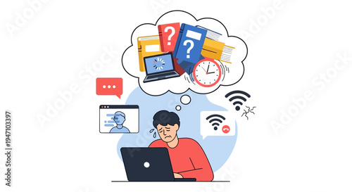 Online work and study stress concept. Anxious man overwhelmed by technical issues, slow Wi-Fi, heavy deadlines, and information overload.