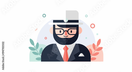 Stylized businessman portrait with hat, glasses, tie, and foliage