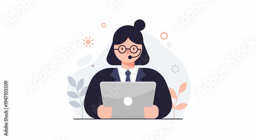 Professional woman with headset and laptop, engaged in work and communication