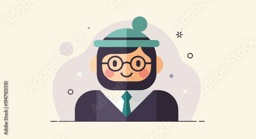 Cheerful cartoon character with beard, glasses, and hat