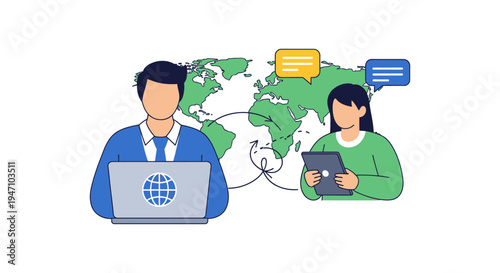 Global Business Communication and Remote Networking. Flat illustration of two people using laptop and tablet to chat and share data across the world map.