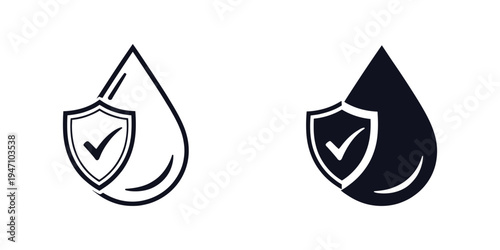 Waterproof icons, water resistant symbol, shield with water drop, liquid proof protection, anti-wetting surface, material protection, waterproof label and badge, vector line style.