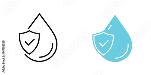 Waterproof icons, water resistant symbol, shield with water drop, liquid proof protection, anti-wetting surface, material protection, waterproof label and badge, vector line style.