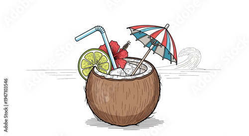 Exotic Coconut Cocktail Drink with Lime, Hibiscus Flower, Straw, and Umbrella by Ocean Waves Illustration.