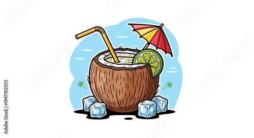 Delicious Brown Coconut Cocktail Drink with Ice Cubes, Lime, Straw, and Umbrella for Tropical Summer Vacation Illustration.