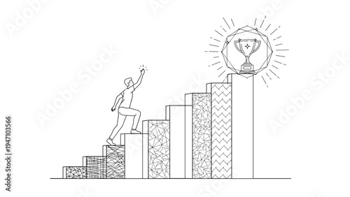 Minimalist black and white line art illustration of a man climbing a staircase to reach a glowing trophy at the top for success.