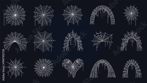 Diverse set of white spider web and cobweb designs isolated on a dark background for creating spooky and atmospheric horror themes.