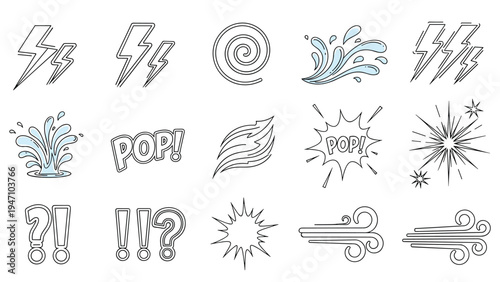 Collection of outline style comic book icons and action effects including lightning bolts water splashes pops and expressive symbols.