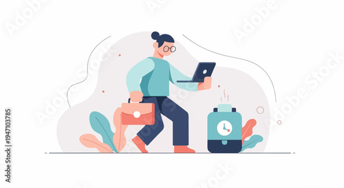 Person with briefcase and laptop near humidifier, stylized
