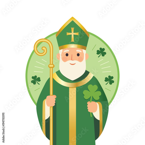 Saint Patrick holding a shamrock and a crozier
