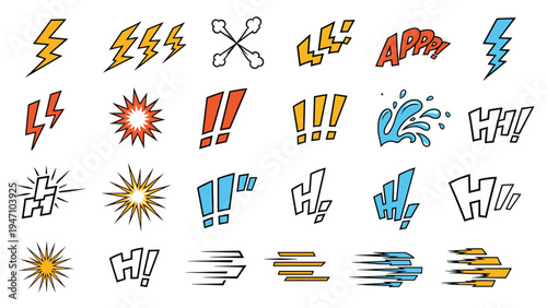 Collection of dynamic comic book action icons including speed lines lightning bolts splashes and expressive text elements on white.