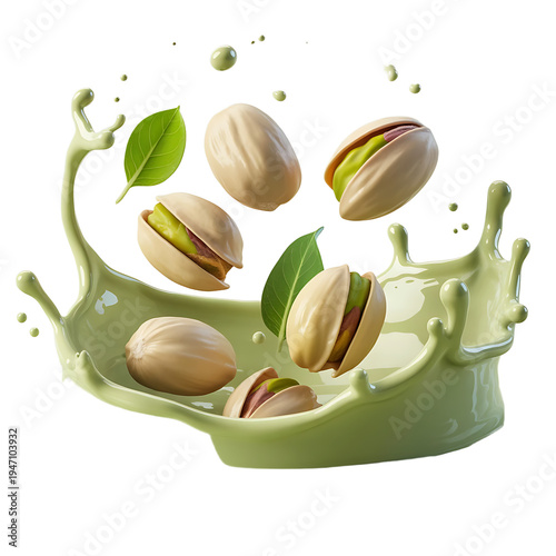 Splashing green matcha latte with macarons and pistachios isolated on transparent background