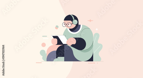 Person wearing headphones and glasses, engrossed in a tablet