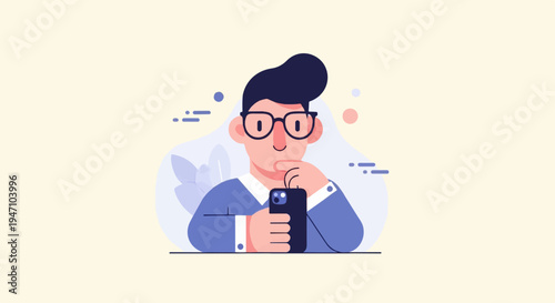 Stylized character in glasses holding smartphone, thinking