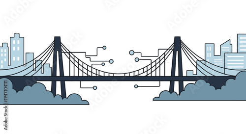 A futuristic suspension bridge connects the city skyline with a network of lines and nodes, showcasing a blend of architecture and technology in a daytime urban landscape.