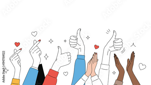 Collection of diverse hands expressing positive emotions through clapping thumbs up and finger heart gestures on a white background.