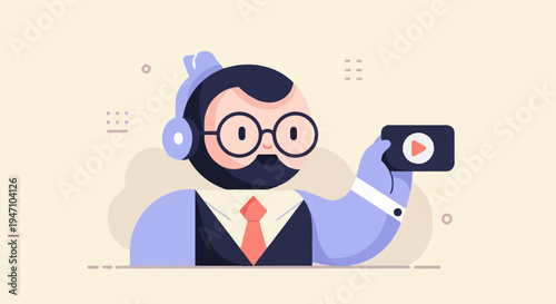 Stylized man with headphones and glasses holds phone with play button