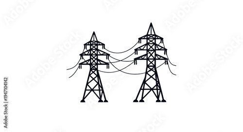 Two high voltage power transmission towers stand tall with wires in an industrial landscape scene outdoors.