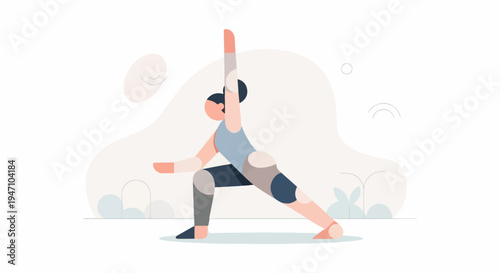 Minimalist illustration of person in yoga warrior pose with abstract shapes
