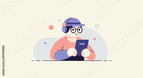 Person wearing headphones and glasses, engrossed in a digital device